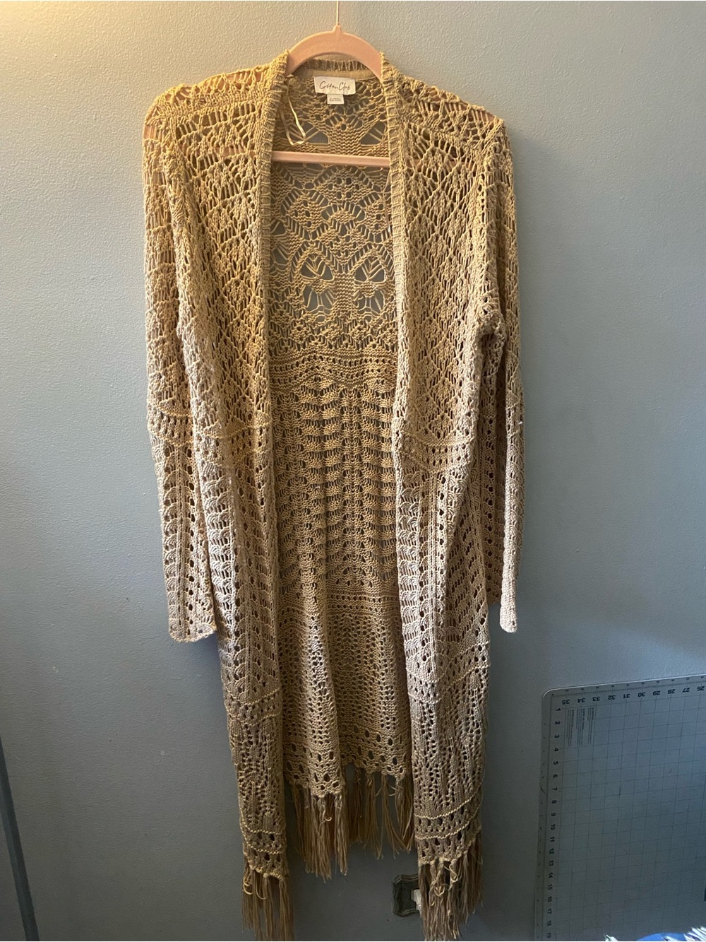 Boho Open-Front Long Crochet Fringe Cardigan - Beige XL